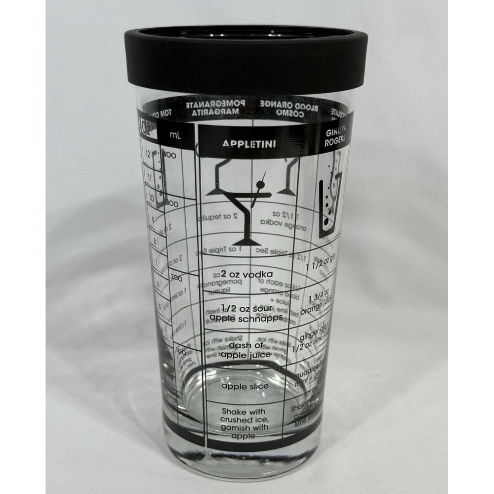 Clear Glass Cocktail Shaker with Printed Drink Recipes and Measurements 12oz